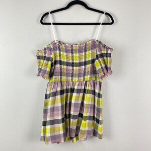 Torrid Peplum Gauze Smocked Plaid Off-Shoulder Top - Yellow, Black 2xl